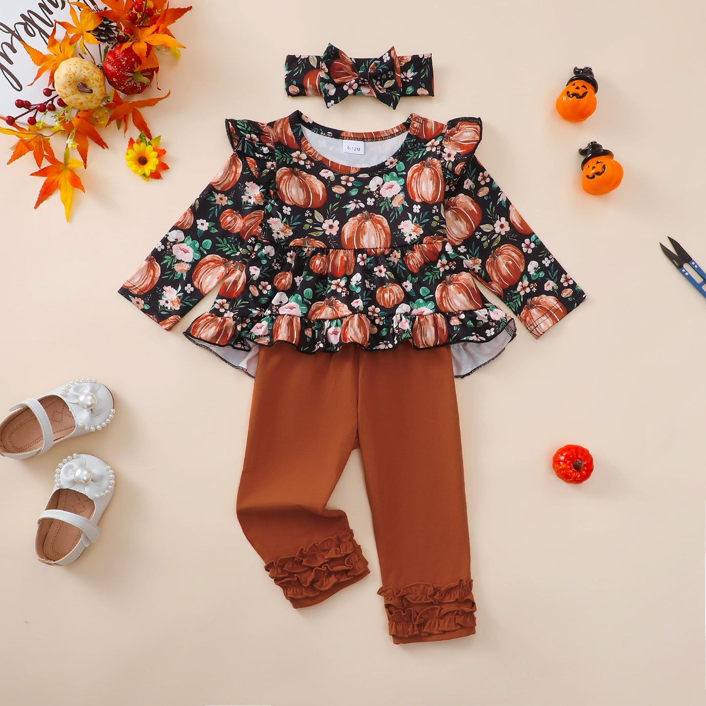 Kislio Toddler Girls Pumpkin Ghost Shirt Ruffle Pants Set 3PCS orange 12-18M