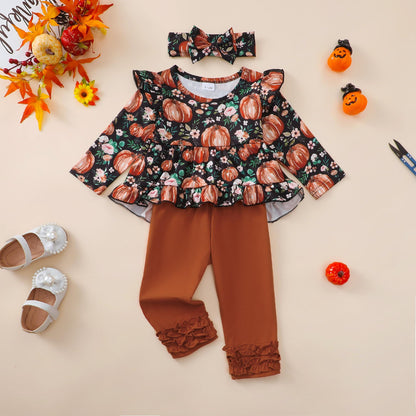 Kislio Toddler Girls Pumpkin Ghost Shirt Ruffle Pants Set 3PCS orange 12-18M