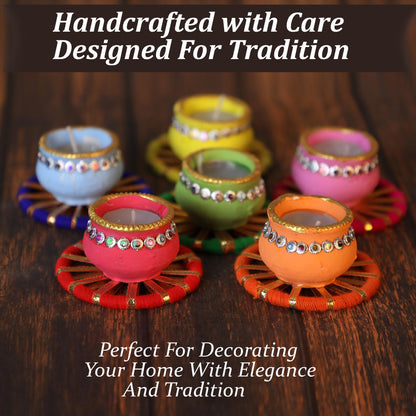 4OUR FAITH Matki Wax Filled Diya Set Handpainted Terracotta 6 Pc Multicolor