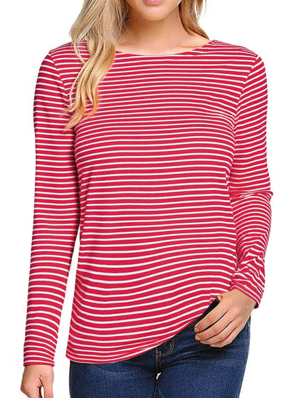 LilyCoco Womens Striped Long Sleeve Boat Neck Shirt Red Size M