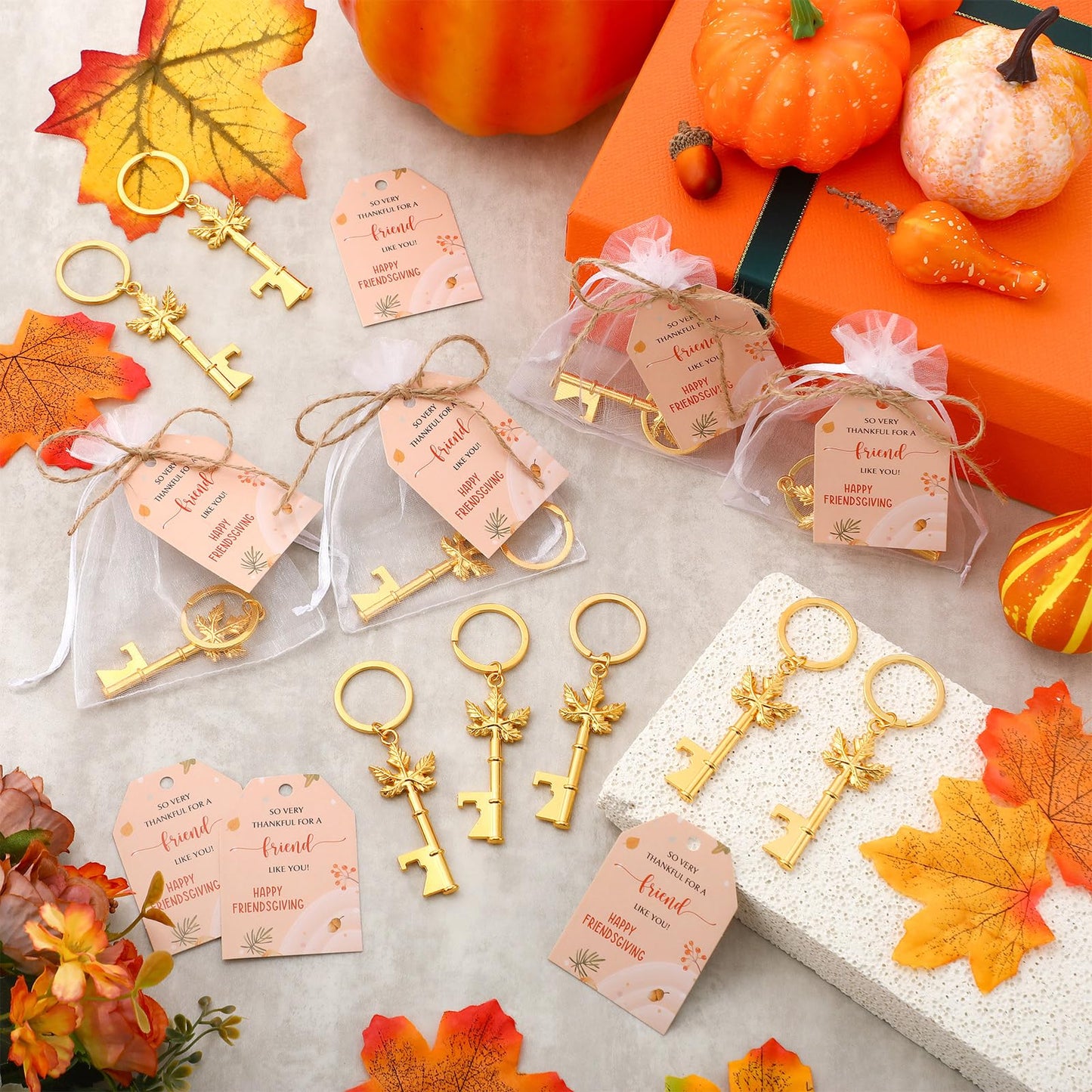 Yiyiring 24 Sets Thanksgiving Party Maple Leaf Keychain Bottle Opener Gold