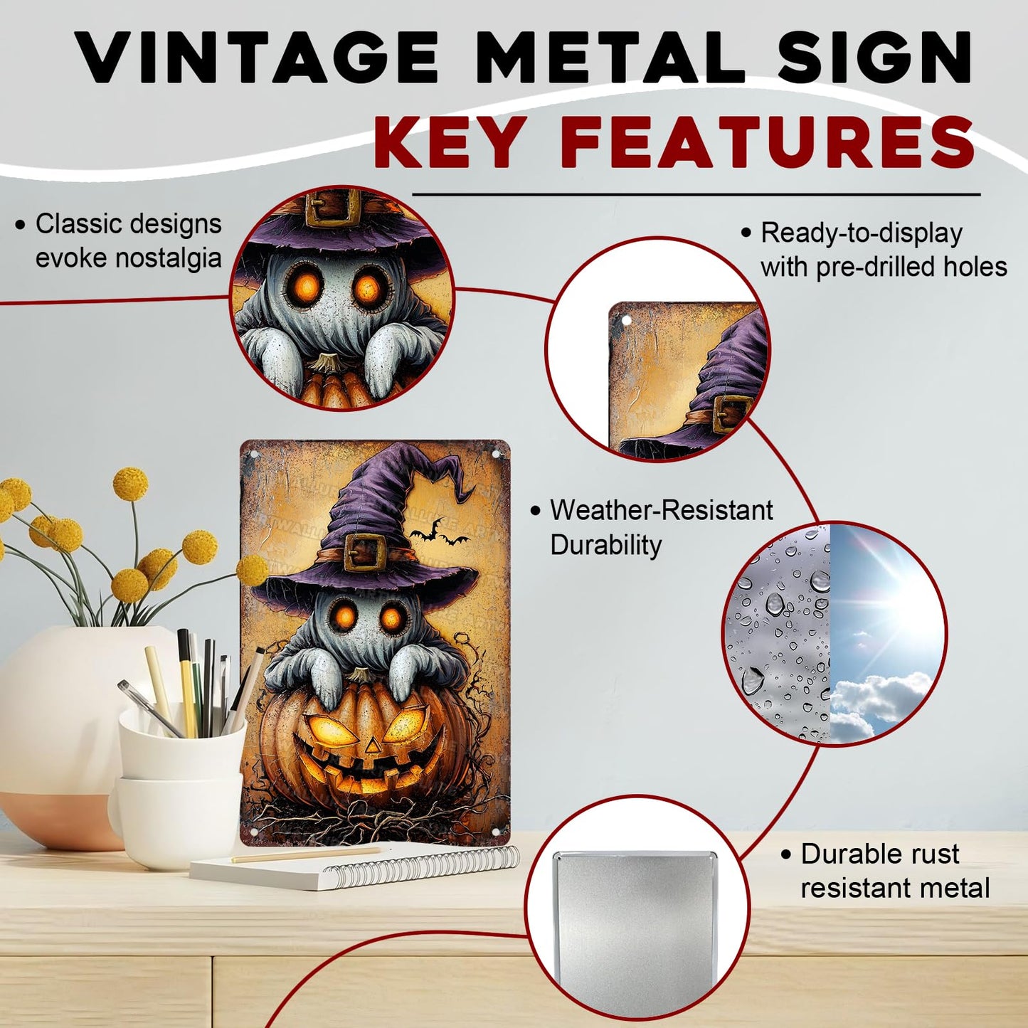 ARTWALLURE Halloween Pumpkin Ghost Vintage Metal Tin Sign 8x12 inch