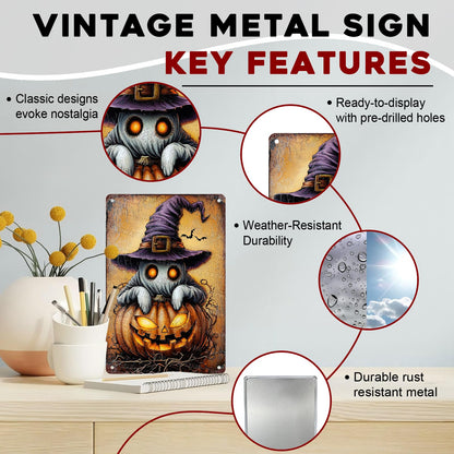 ARTWALLURE Halloween Pumpkin Ghost Vintage Metal Tin Sign 8x12 inch