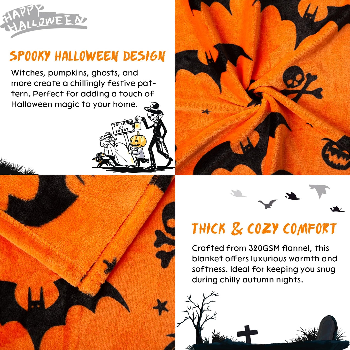 SE SOFTEXLY Ghost Halloween Reversible Pumpkin Fleece Throw Blanket 50x70