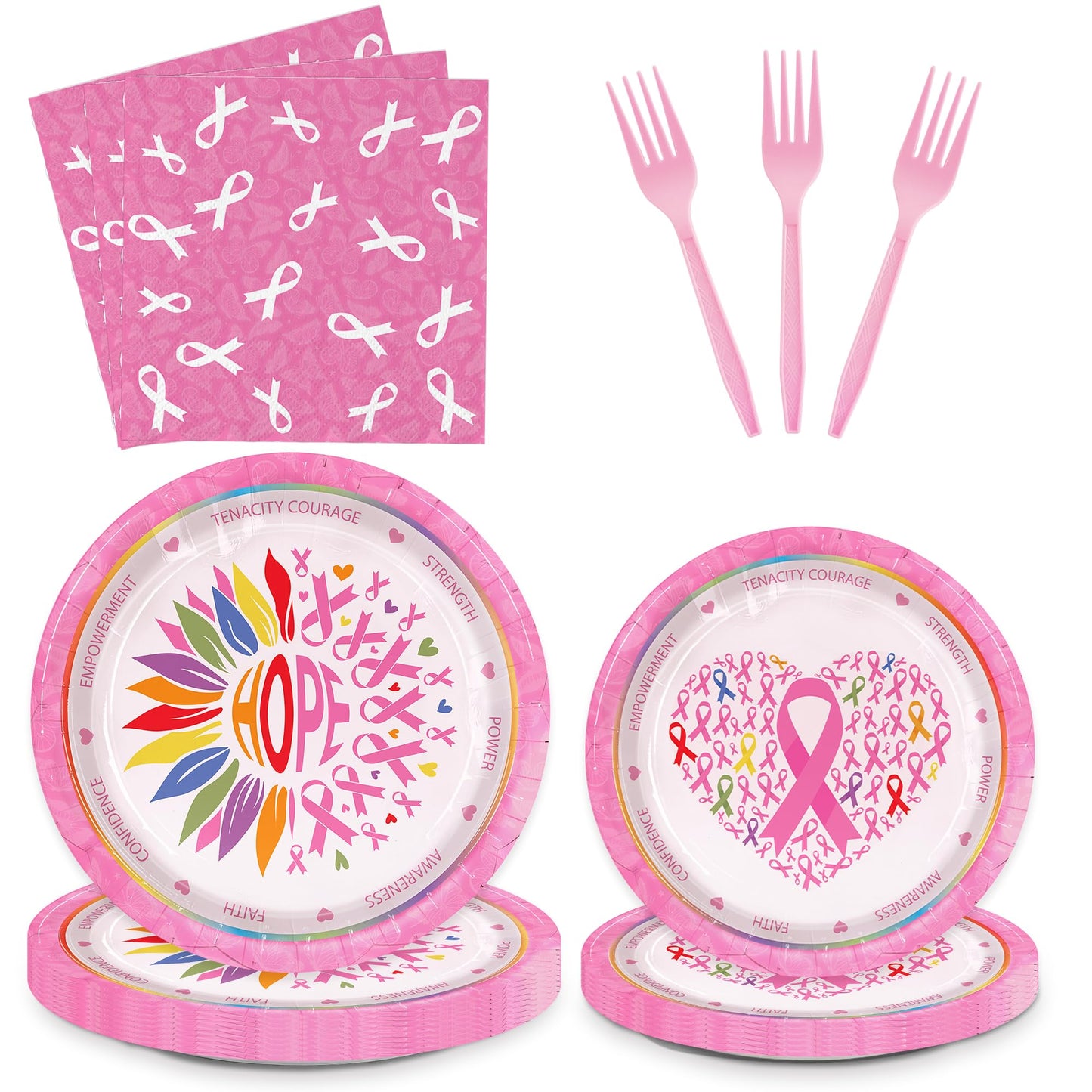 Detanpoly 96pcs Breast Cancer Awareness Pink Ribbon Plates Napkins Forks Set