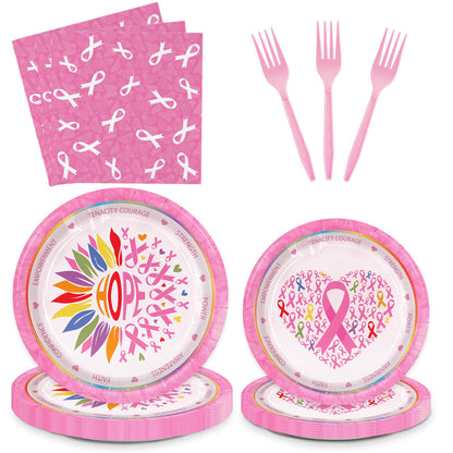 Detanpoly 96pcs Breast Cancer Awareness Pink Ribbon Plates Napkins Forks Set
