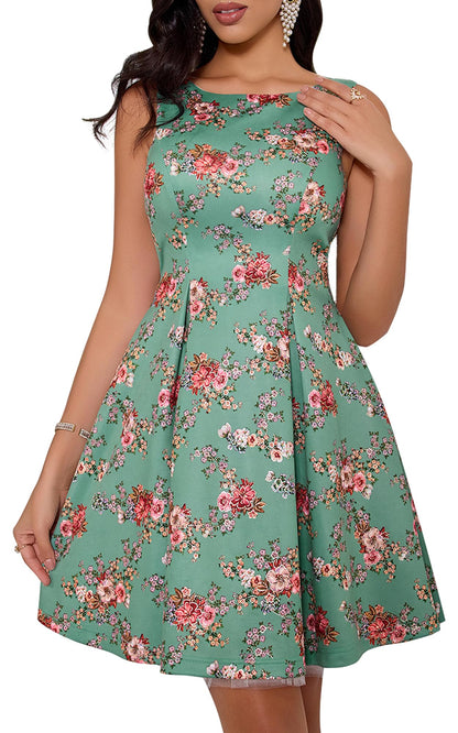 Angel-fashions Women's Floral A-Line Sleeveless Dress Green Size 6