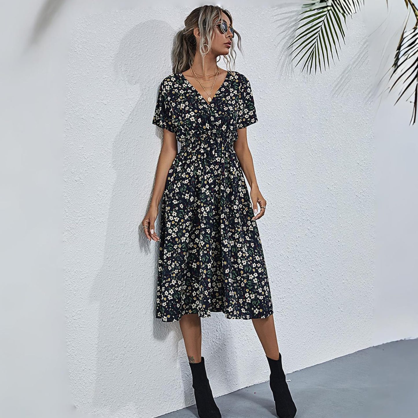 HEBELD Womens Midi Floral V Neck Wrap Dress Elastic Waist Black Size M