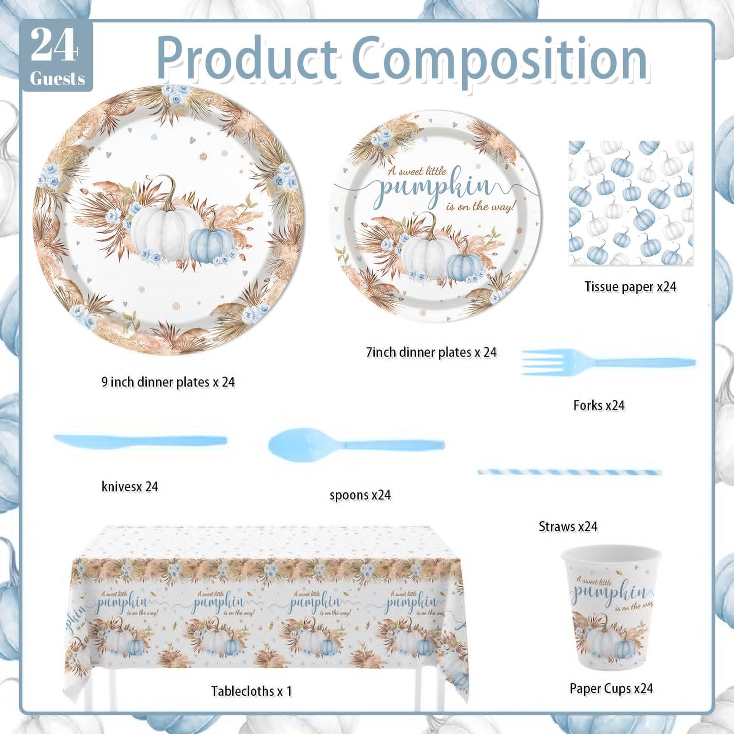 MEHOFOND Blue Pumpkin Baby Shower Party Supplies 193 Pcs Tableware Set