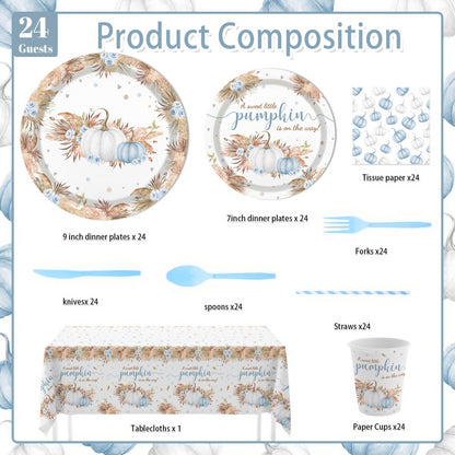 MEHOFOND Blue Pumpkin Baby Shower Party Supplies 193 Pcs Tableware Set