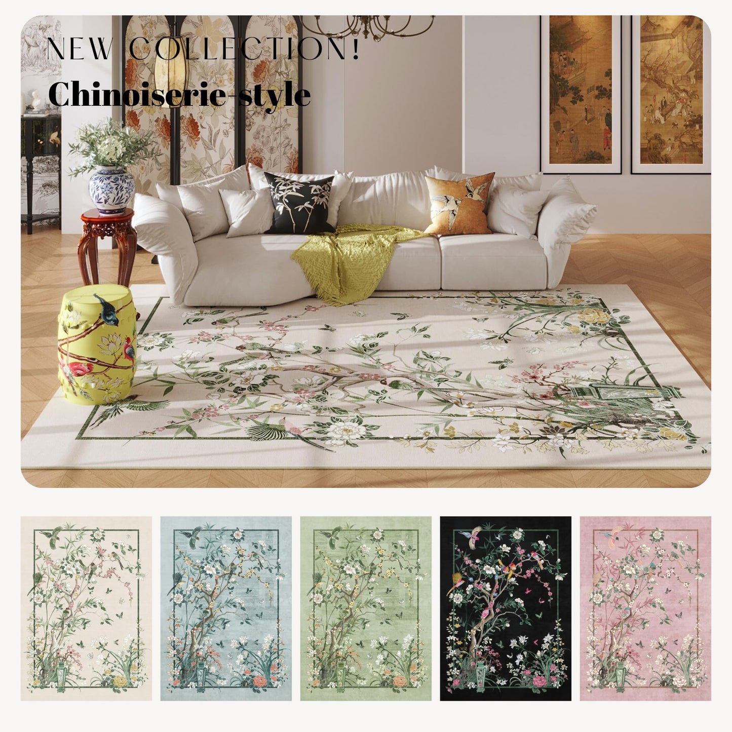Vowkten 5x7 Chinoiserie Floral Vintage Washable Rug Non Slip Beige