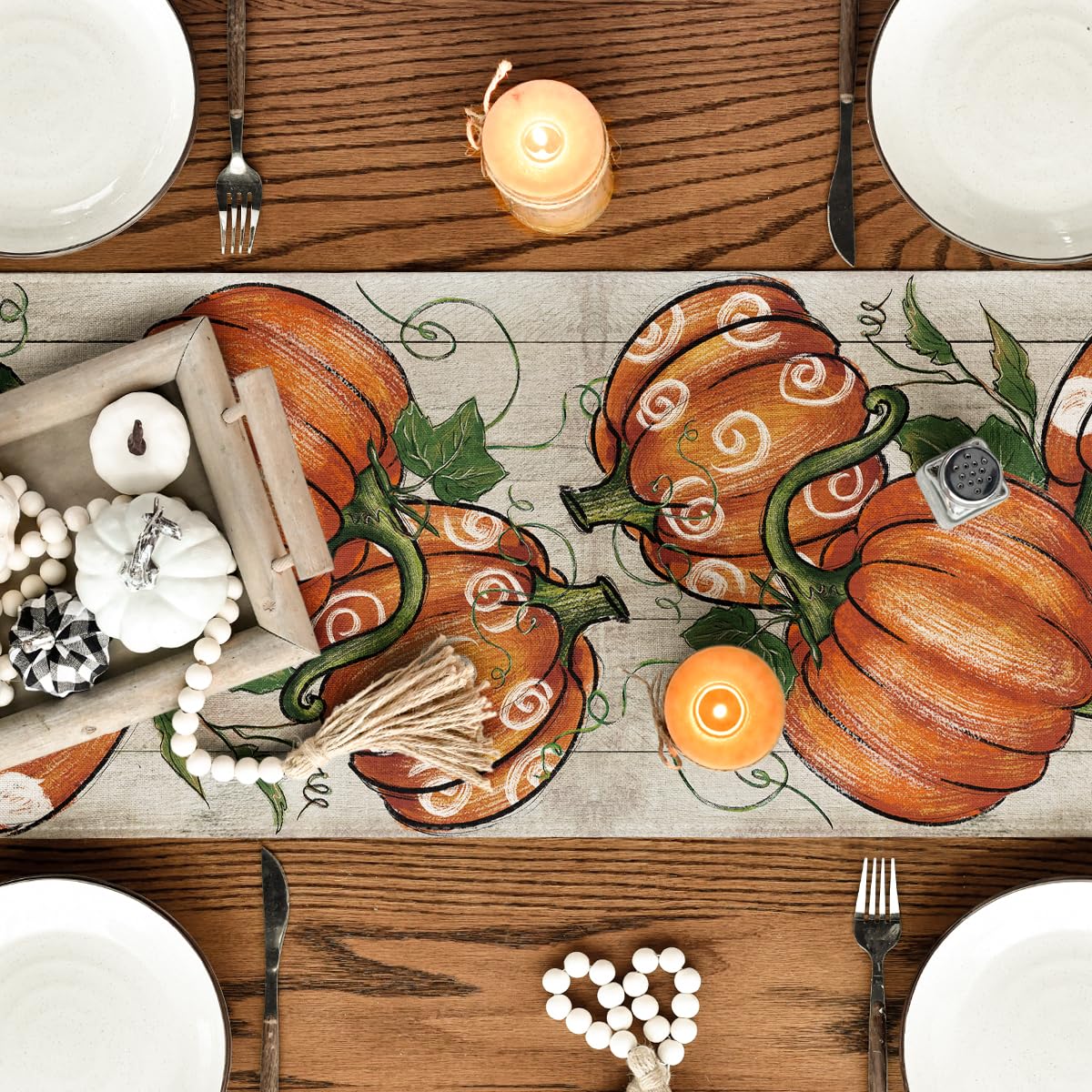 Artoid Mode Polka Dot Pumpkins Vine Wood Fall Table Runner 13x36 Inch