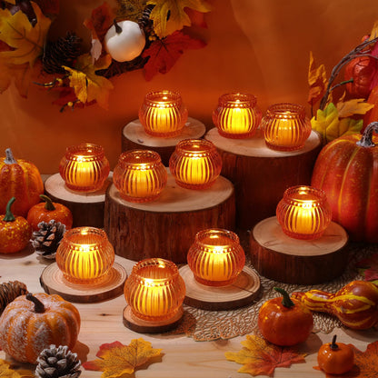 Mumufy 12 Pcs Orange Pumpkin Glass Votive Candle Holders Thanksgiving Decor