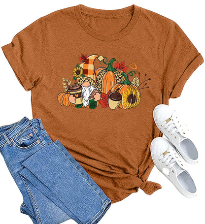 MAIHUN Womens Thanksgiving Shirt Cute Gnomes Pumpkin Fall Short Sleeve Size S