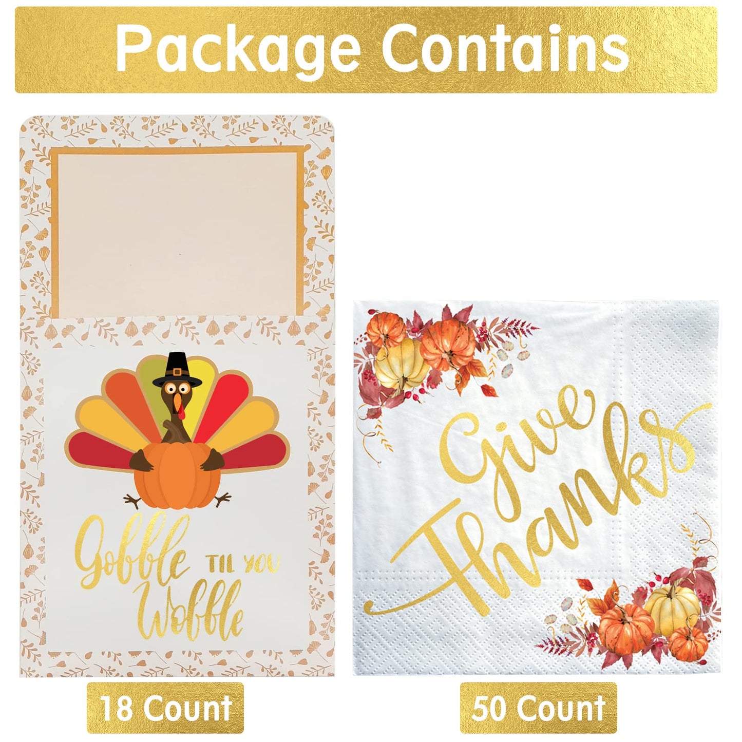 Qeqczow Thanksgiving Gold Foil Napkins & Cutlery Holders Set 68 Pcs