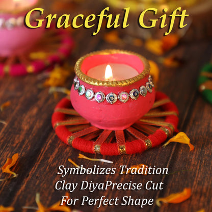 4OUR FAITH Matki Wax Filled Diya Set Handpainted Terracotta 6 Pc Multicolor