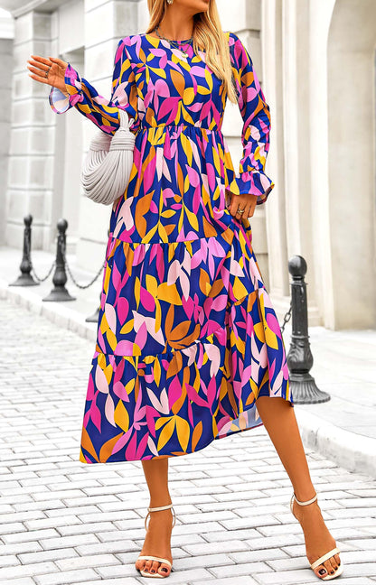KIRUNDO Womens Long Sleeve Boho Floral Midi Dress Blue Purple Size M
