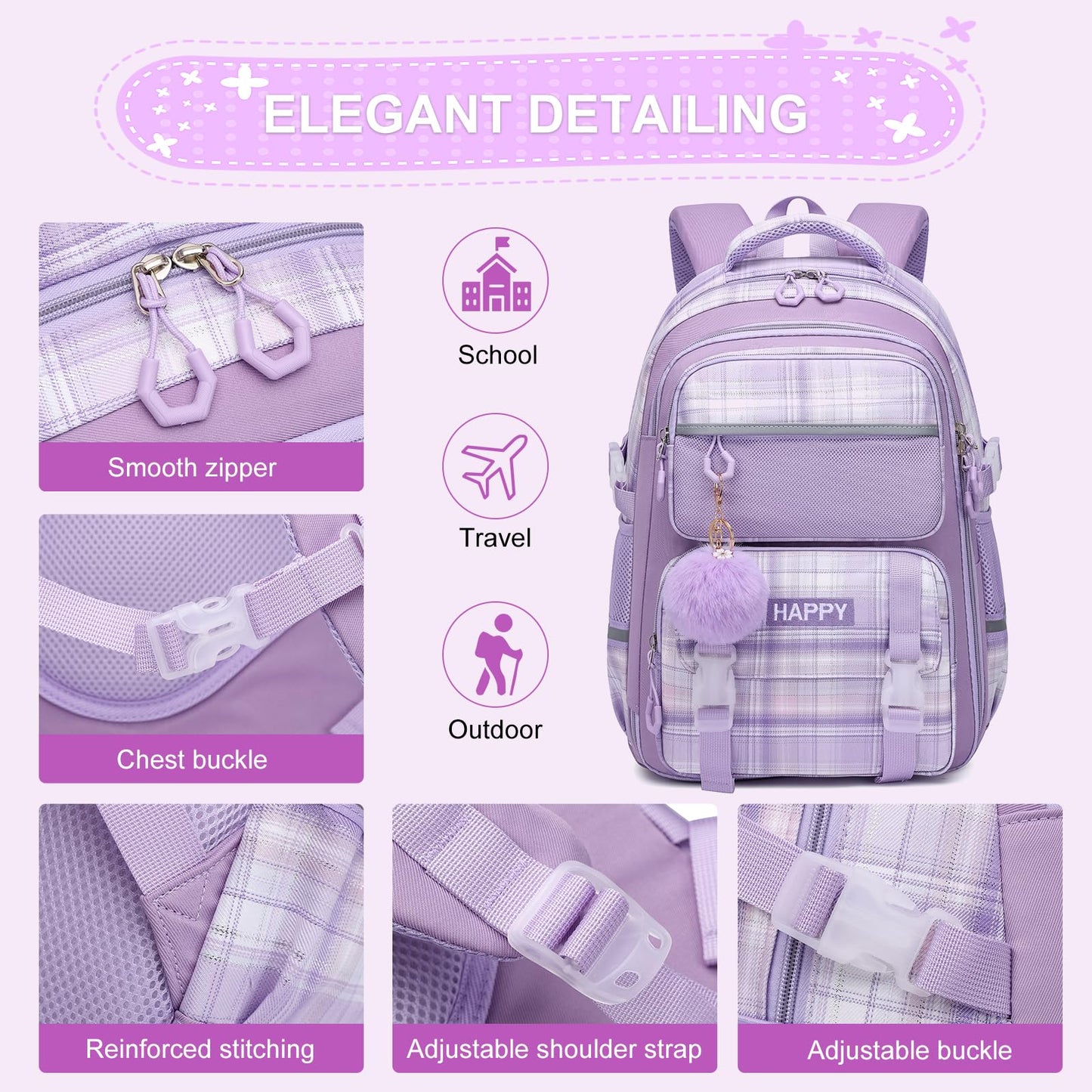 KEBEIXUAN Backpack Set 3PCS School Lunch Box Pencil Case Pink 11.81x7.87x17.32