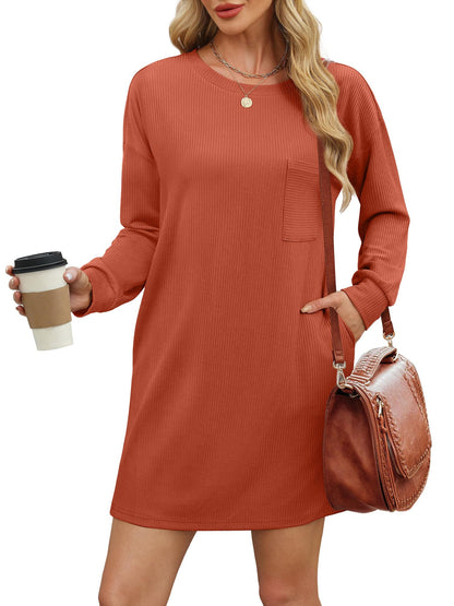 WIHOLL Fall Long Sleeve Mini Dress with Pockets Caramel Size L