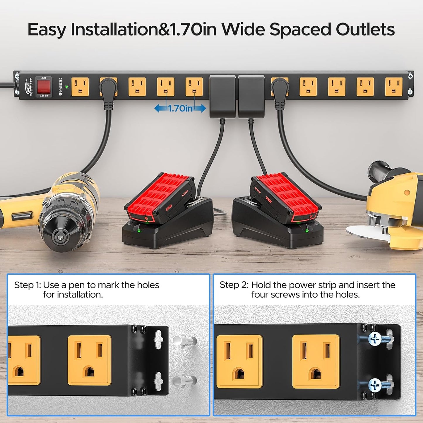 12-Outlet 2100 Joules Heavy Duty Metal Power Strip, Mountable Surge Protector