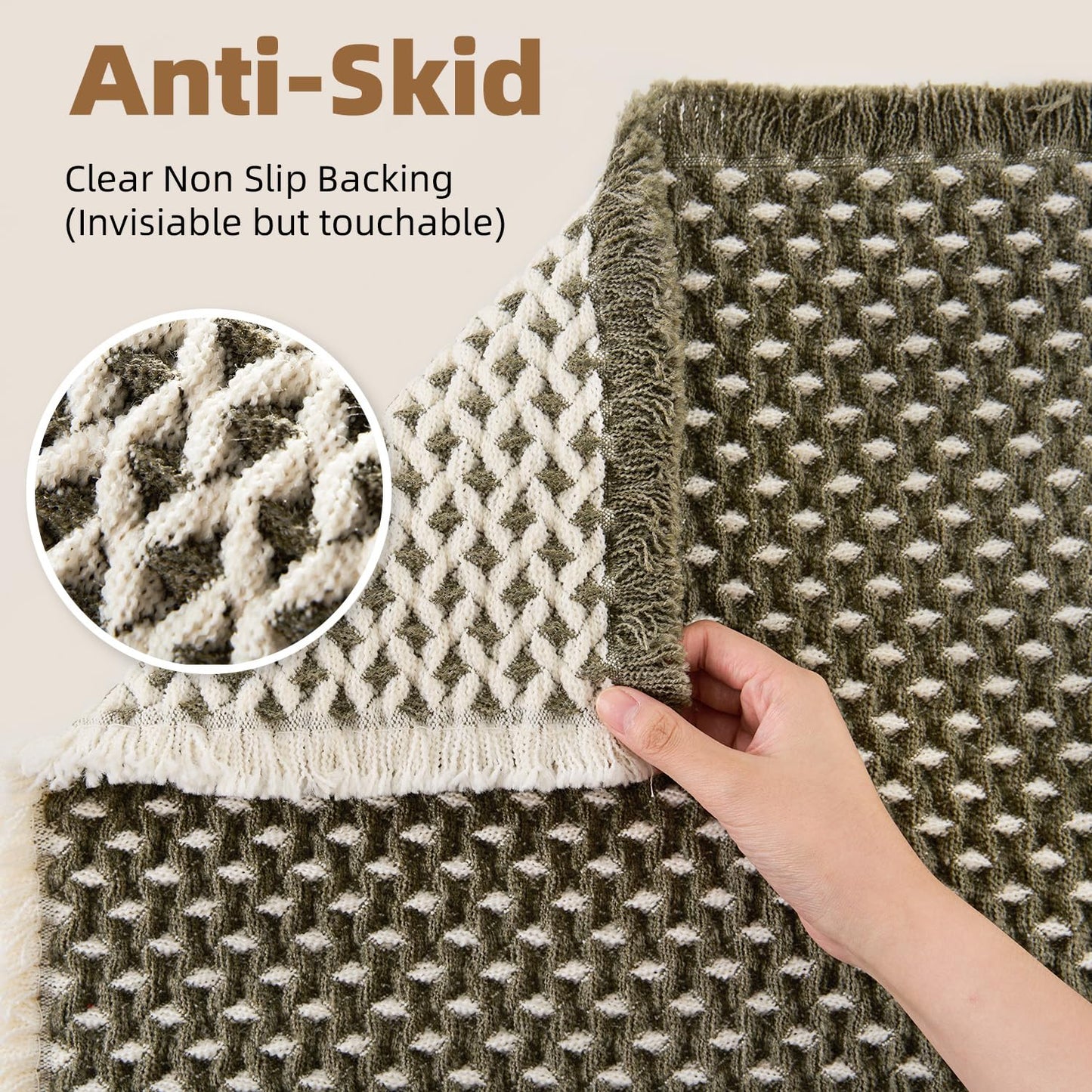 PADOOR Checkered Bath Mat Super Absorbent Non Slip 18x30 Green & Cream