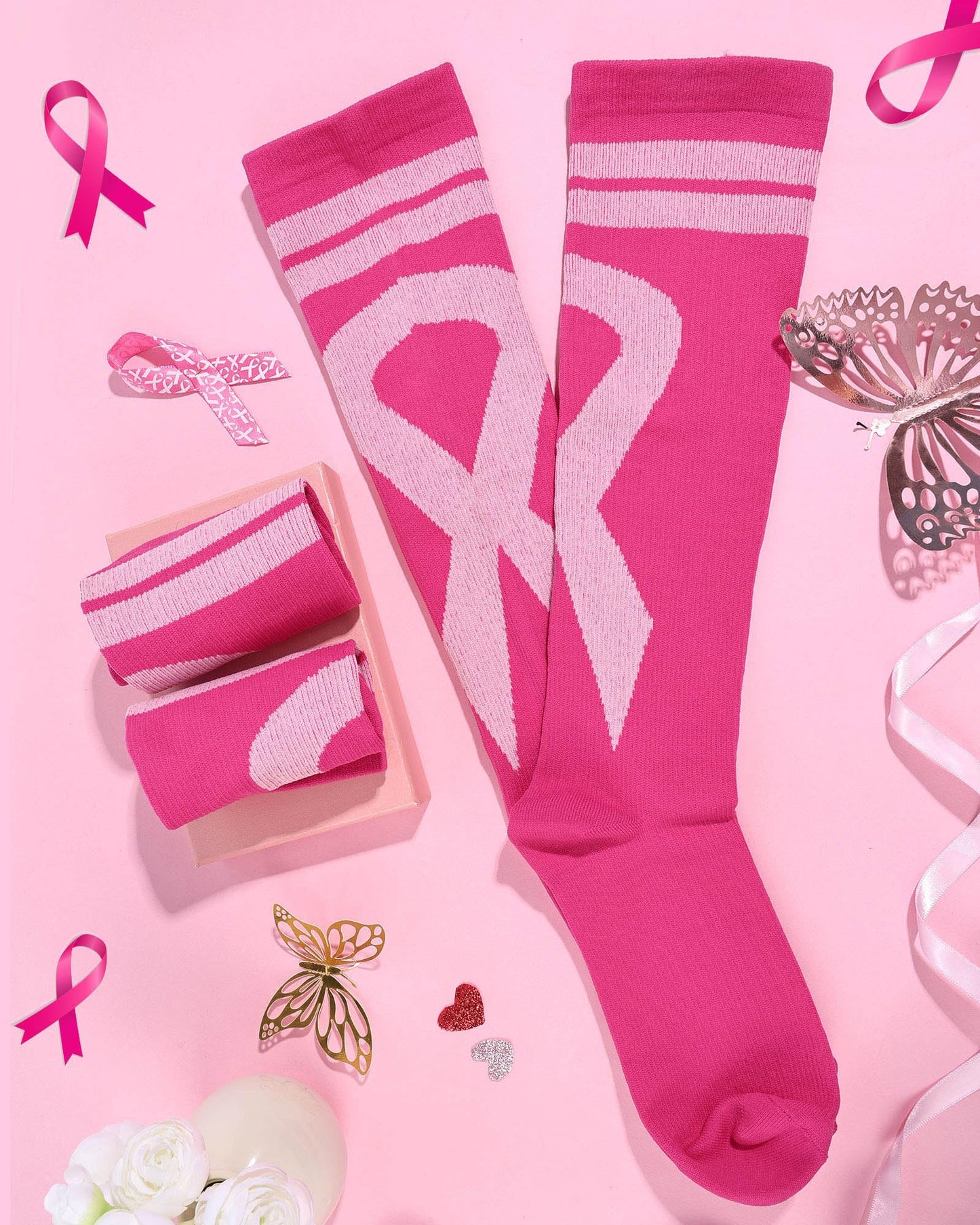 Subesty 2 Pairs Breast Cancer Awareness Compression Socks Pink Ribbon Size S/M