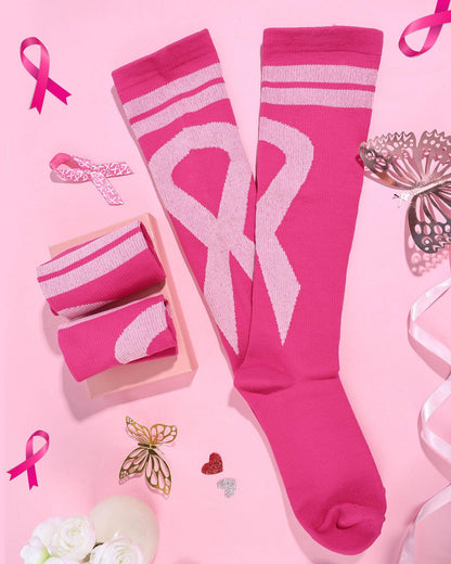 Subesty 2 Pairs Breast Cancer Awareness Compression Socks Pink Ribbon Size S/M