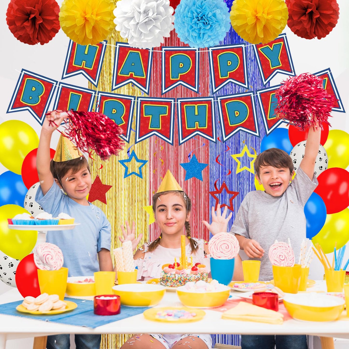TRBSXRT Cartoon Birthday Decorations Gold Red Blue Foil Fringe Curtains Balloons