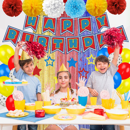 TRBSXRT Cartoon Birthday Decorations Gold Red Blue Foil Fringe Curtains Balloons