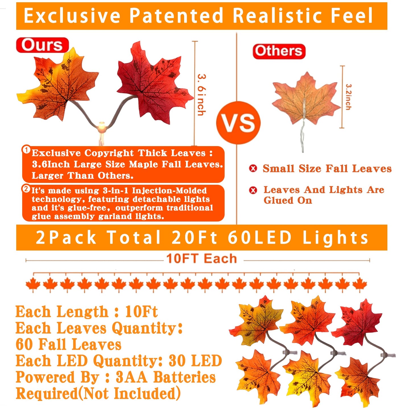 Feybxla 2 Pack Maple Leaf String Lights 20ft 60 LED Multicolor Waterproof