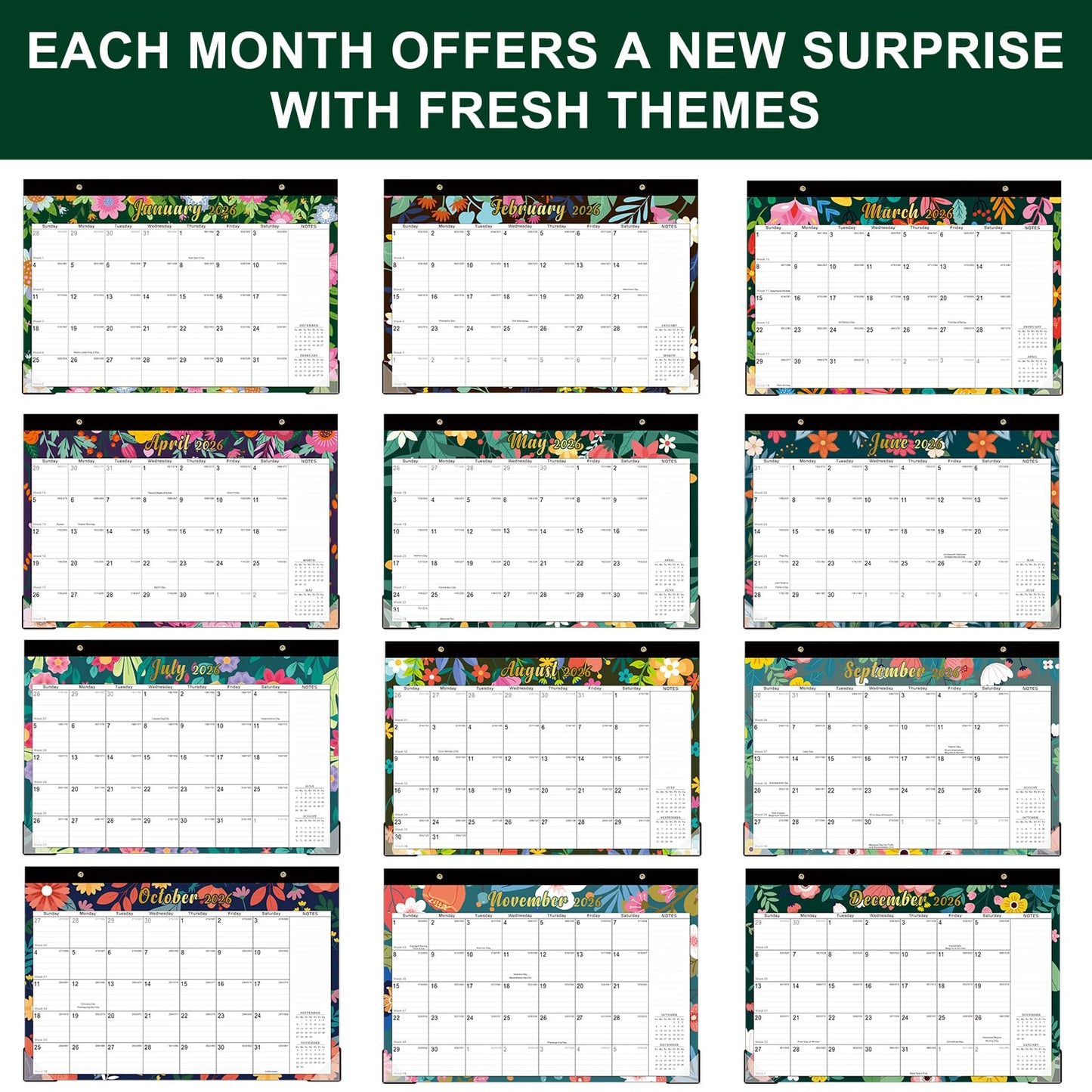 Lbylyhxc 2026-2027 18-Month Desk Calendar 17x12 Flowers Jan 2026-Jun 2027