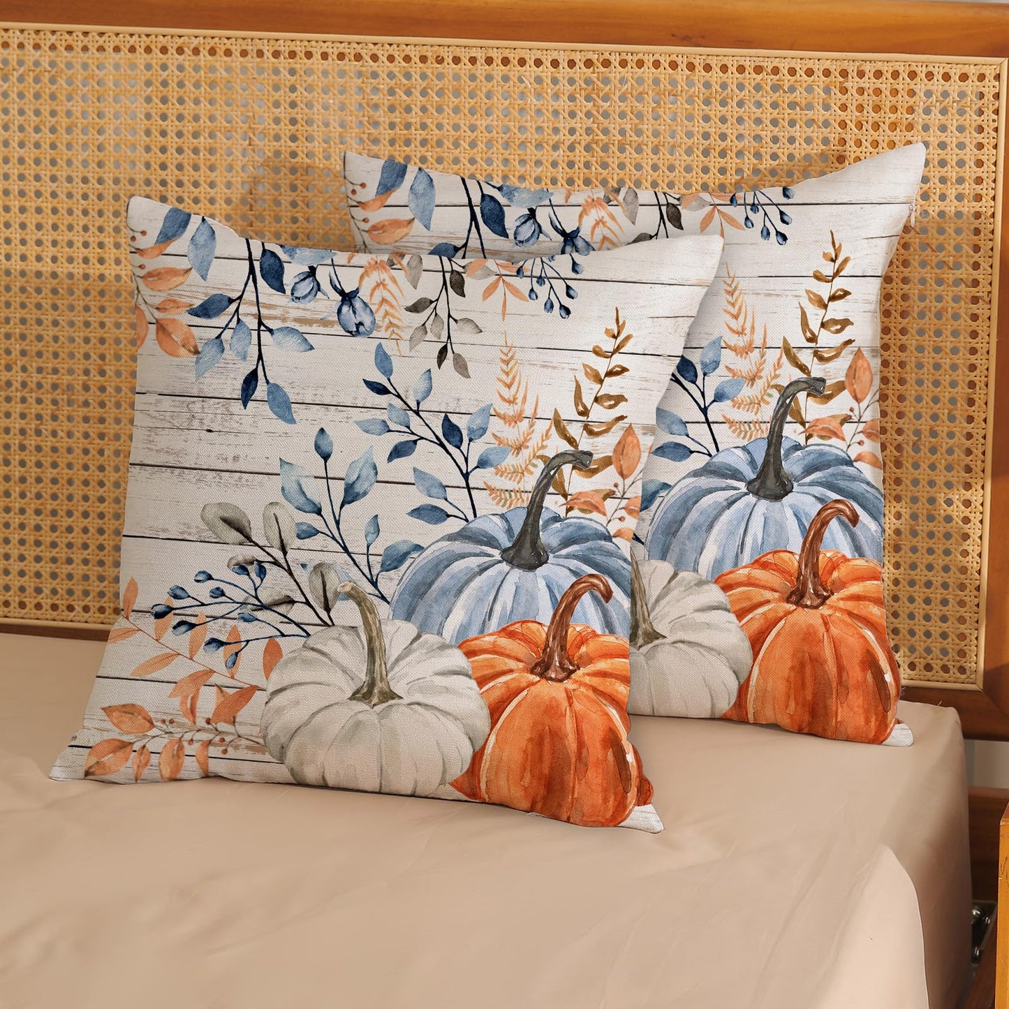 Yxuiyal Fall Pillow Covers 18x18 Set of 2 Blue Orange Pumpkin Leaves