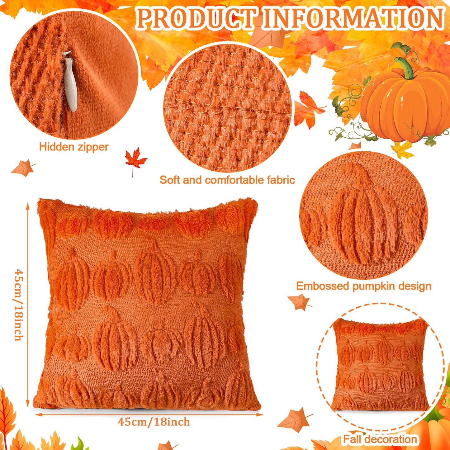 HunnmingRe 2 Pc Pumpkin Throw Pillow Covers 18x18 Orange Autumn Decor