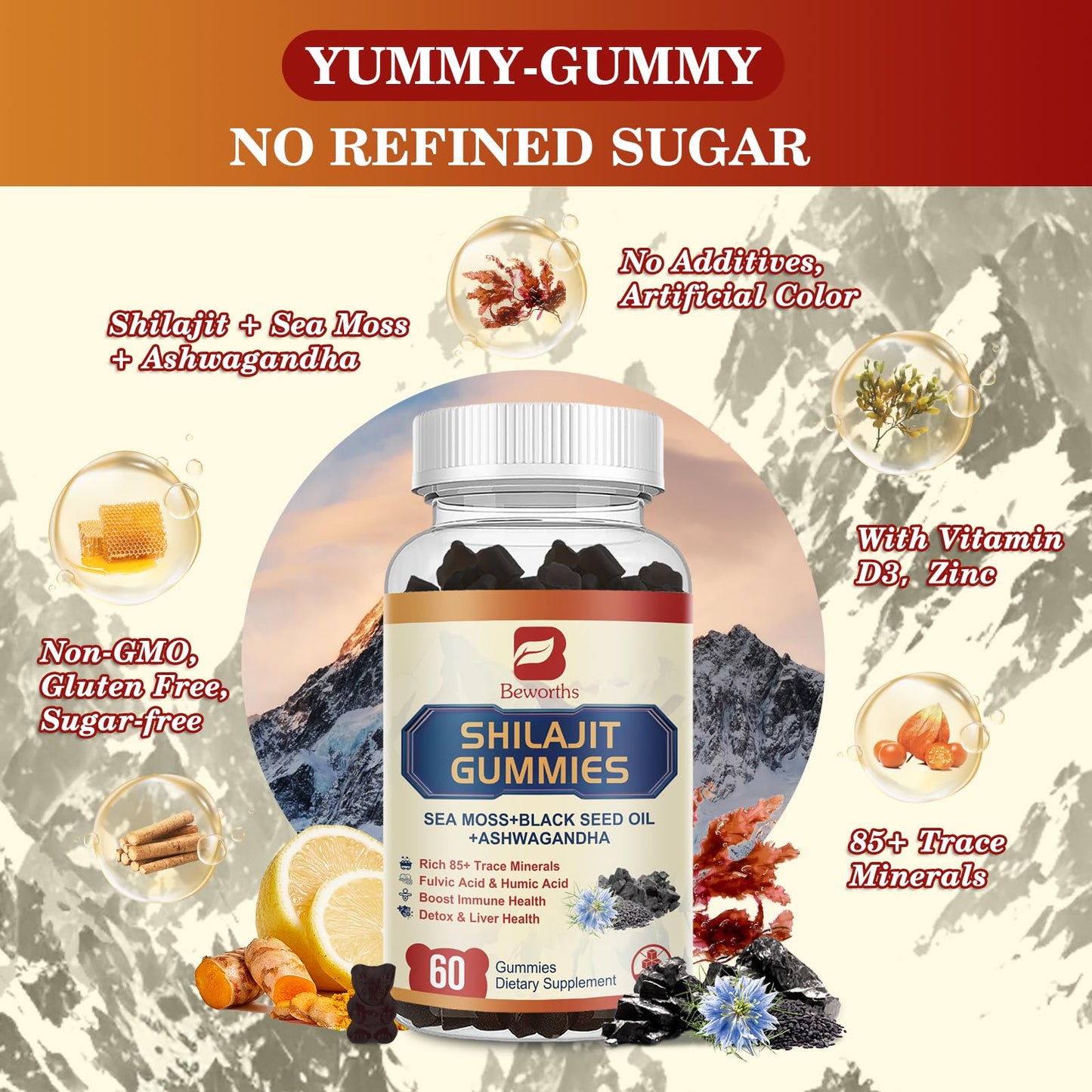 B BEWORTHS Shilajit Gummies with Ashwagandha & Herbs 60 Count