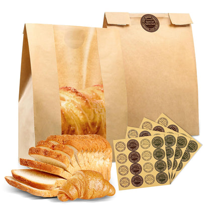50 Pcs Kraft Paper Bread Bags with Window 13.7x8.3x3.7in + Seal Stickers