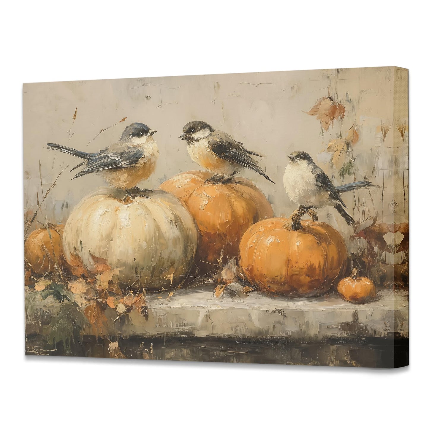 Pugwak Vintage Fall Pumpkin Bird Wall Art Canvas Print 11x14 Inch Landscape