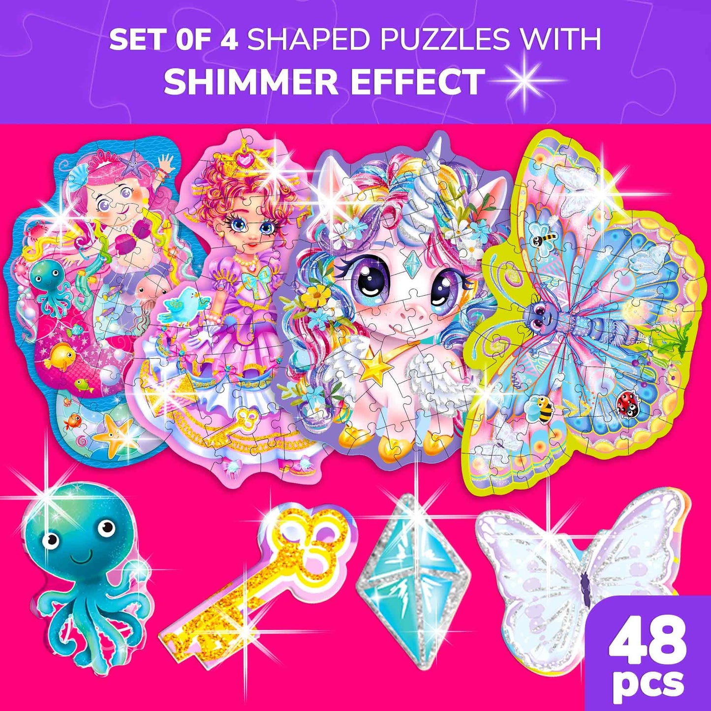 QUOKKA 48-Piece Shaped Jigsaw Puzzles 4-Pack Dragon Rocket Firetruck Dino