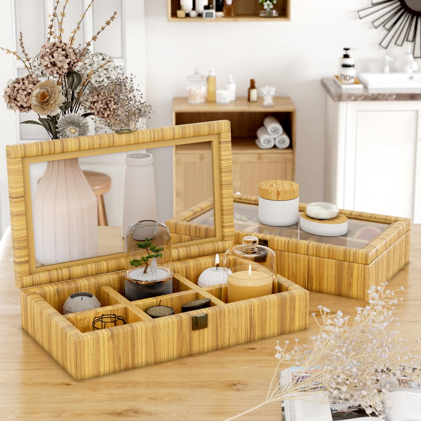Fllamo Rattan Storage Box with Lid 6 Compartments Brown 11.8x7.8x3in