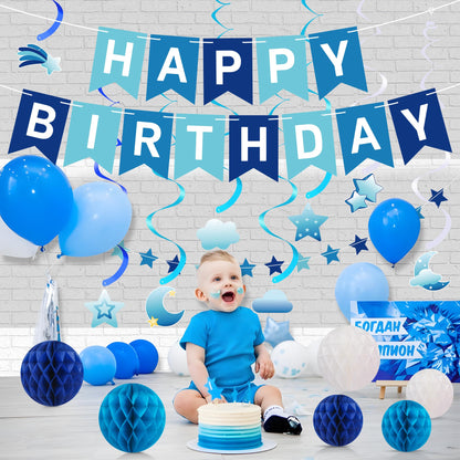 Crosize Blue Birthday Decorations Kit Pre-Strung Banner Tissue Poms Star Garland