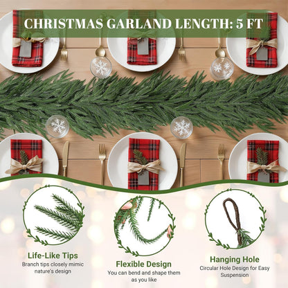 GDENZL 5FT Artificial Norfolk Pine Garland Green Faux Xmas Decor Size 5FT
