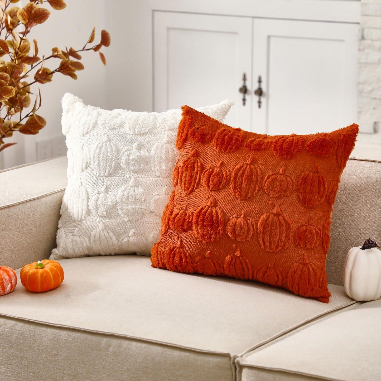 HunnmingRe 2 Pc Pumpkin Throw Pillow Covers 18x18 Orange Autumn Decor