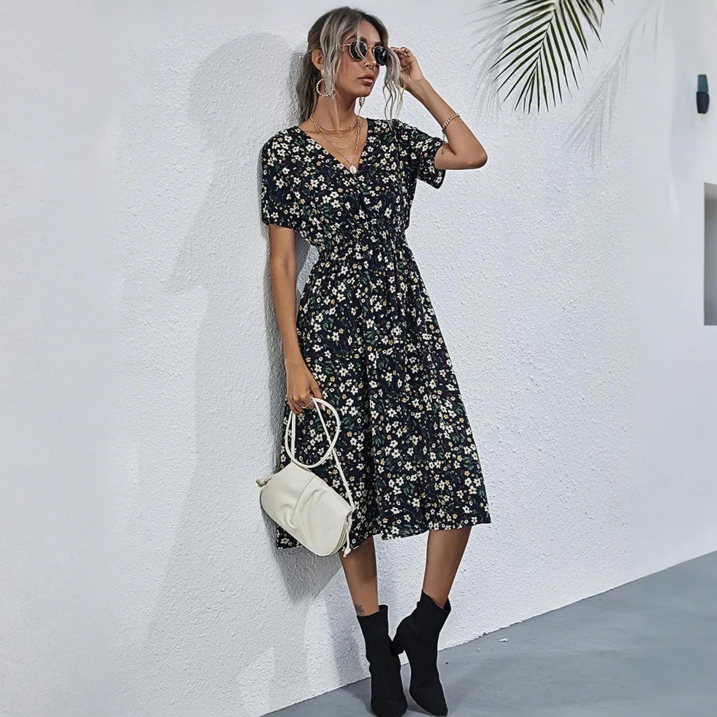 HEBELD Womens Midi Floral V Neck Wrap Dress Elastic Waist Black Size M
