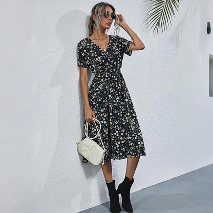 HEBELD Womens Midi Floral V Neck Wrap Dress Elastic Waist Black Size M