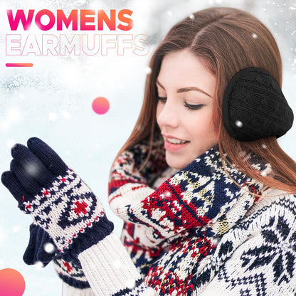 Venswell Knit Ear Muffs Winter Soft Fleece Adjustable Zz-black+white 2 PCS