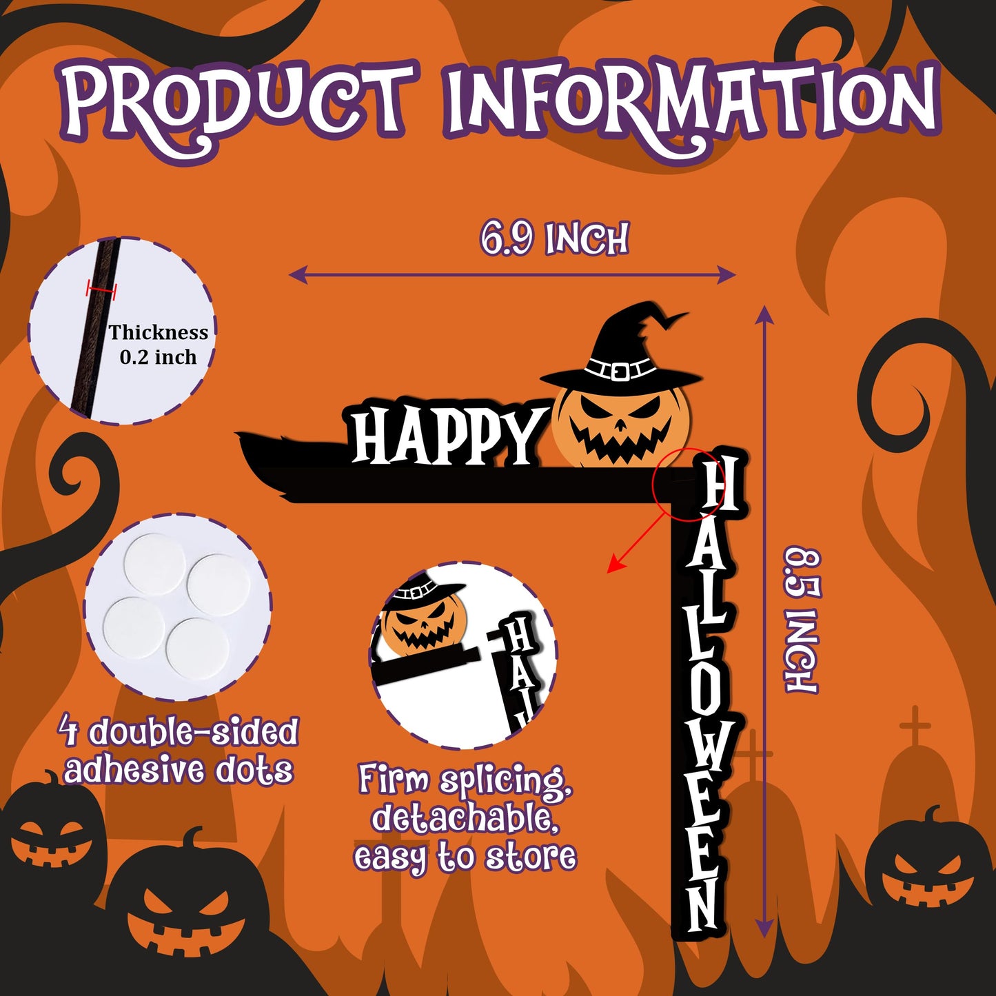 SIXEIGHT Halloween Pumpkin Witch Hat Door Corner Sign Decoration 8.5x6.9"