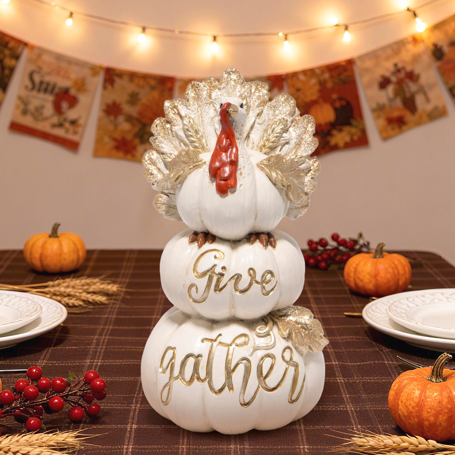 Hodao Thanksgiving Pumpkin Turkey Figurine 3 Stacked Pumpkins White Resin
