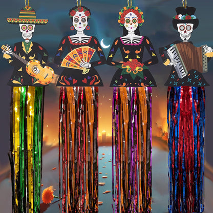 Aovaely 4PCS Day of the Dead Sugar Skull Hanging Decorations Dia De Los Muertos