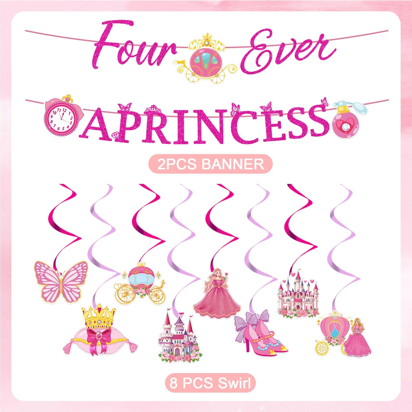 Romart Princess 4th Birthday Party Decorations 2 Banners 8 Swirls Pink Lavender