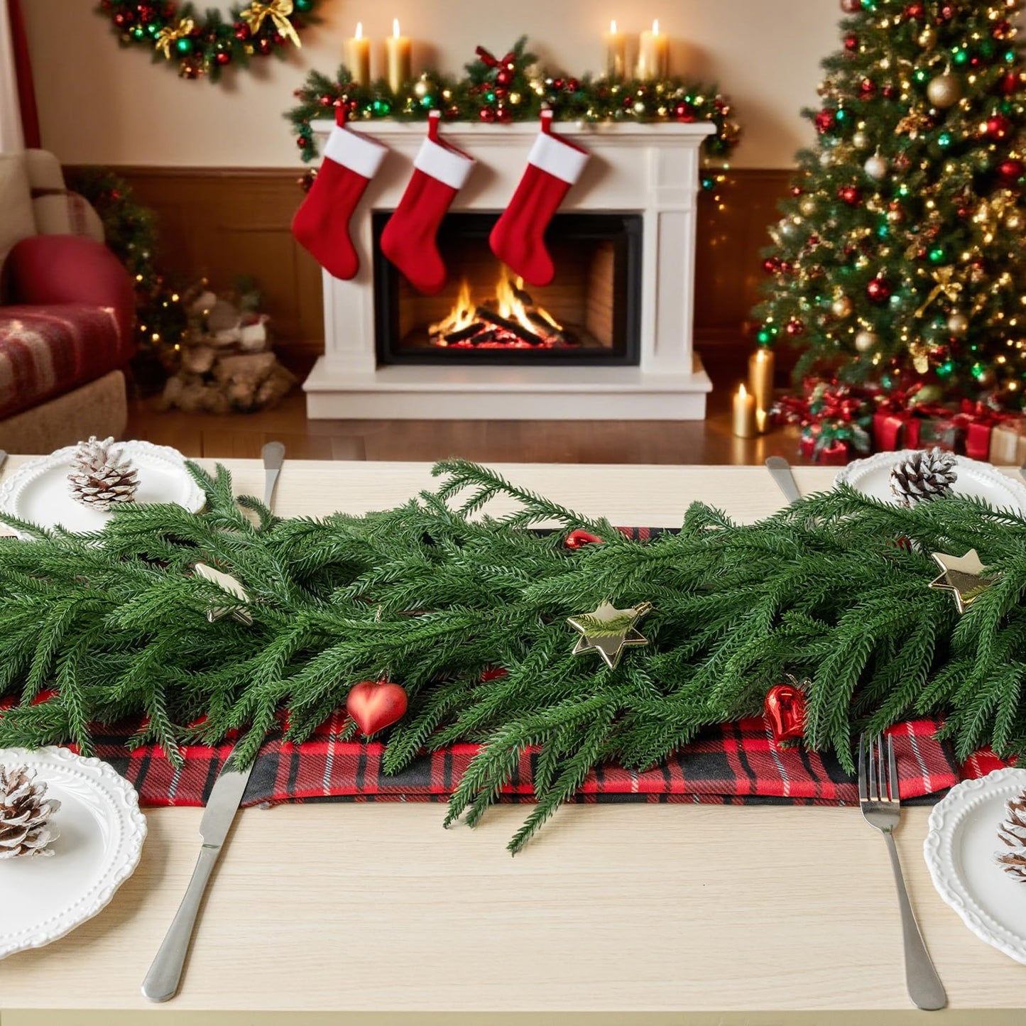 Gixie Home 2Pcs 6Ft Artificial Norfolk Pine Garland Green Plastic