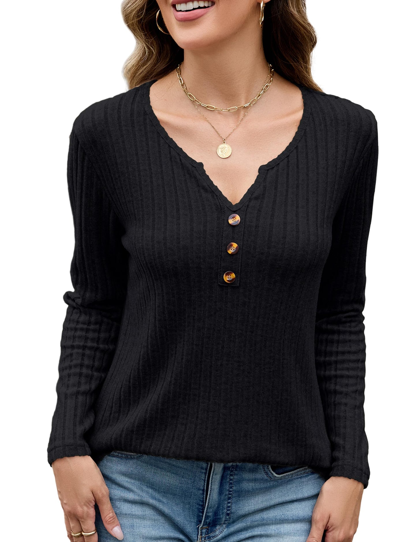 Edelqual Womens Long Sleeve Henley V Neck Sweater Black Size M